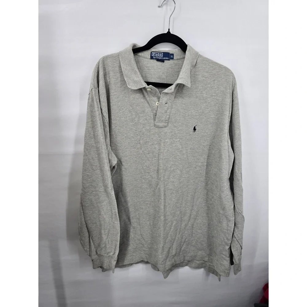 Polo Ralph Lauren Mens XL Gray Long Sleeve Pique Cotton Polo Shirt Navy Pony